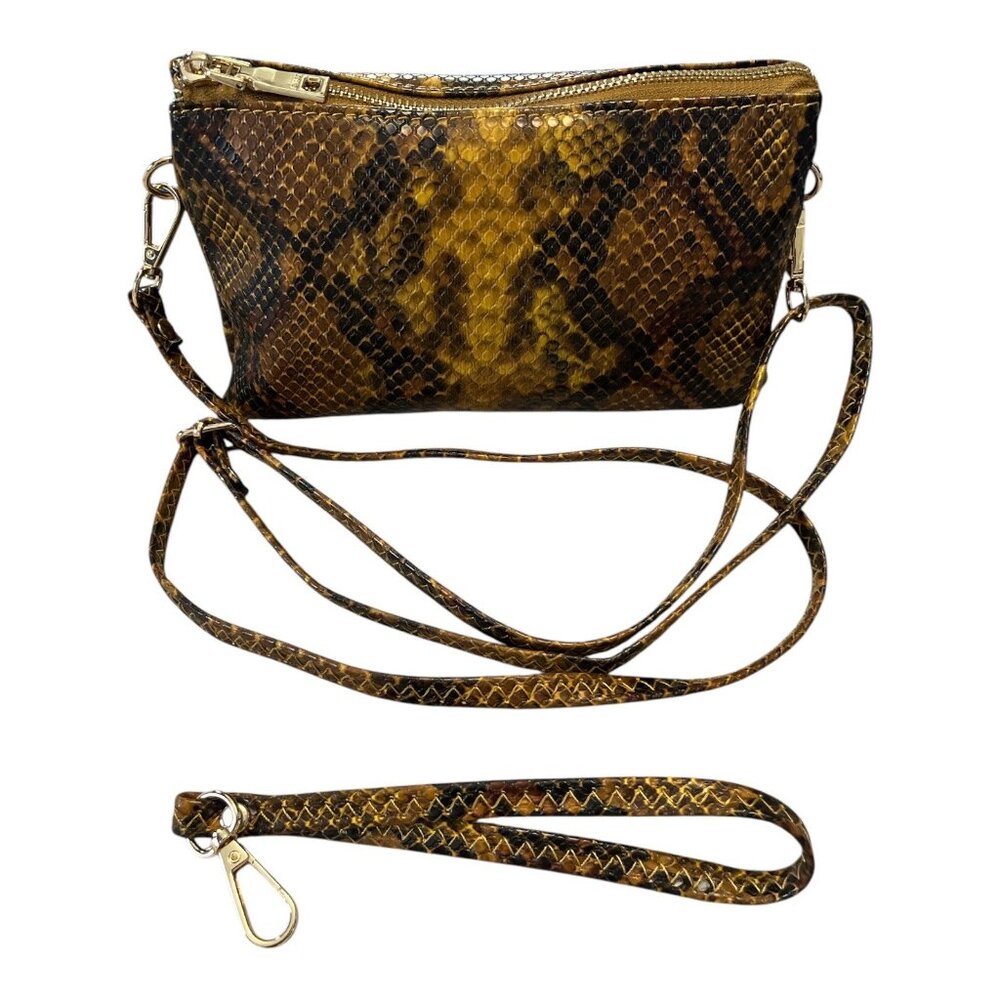 Jenn & Co Snake Print Crossbody Bag Brown Gold Convertible Wristlet Clutch Faux